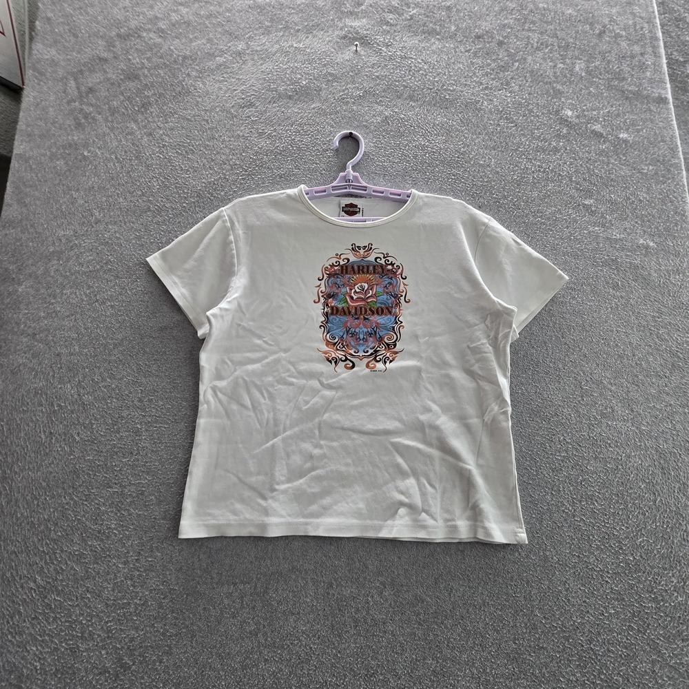VINTAGE Harley Davidson 2004 Women Shirt 2X White Floral Rose Y2K Logo Glendale